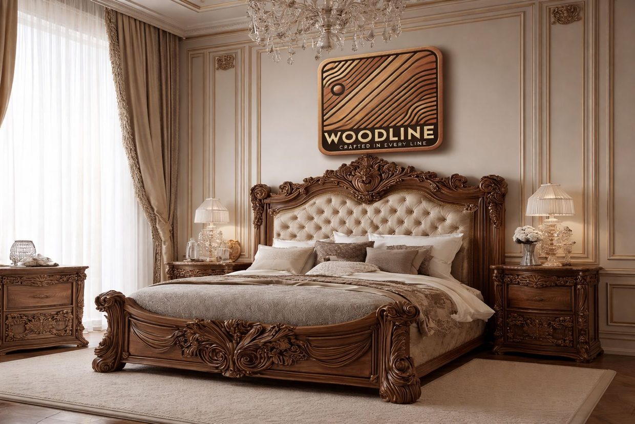 Hand-carved solid-wood bed frame with upholstered headboard