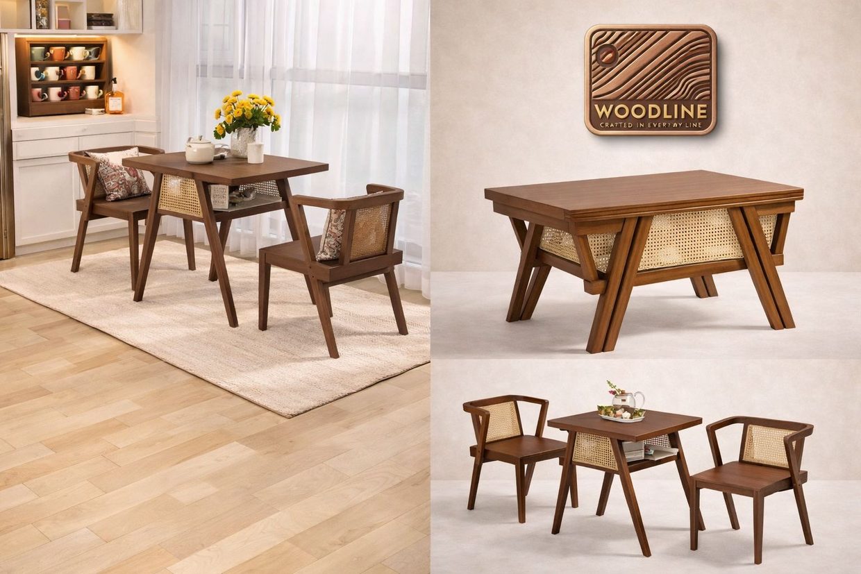 Compact rattan-back dining set and side table