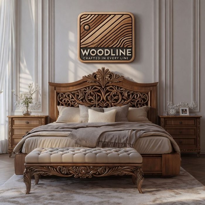 Carved solid-wood bed frame with tufted bench