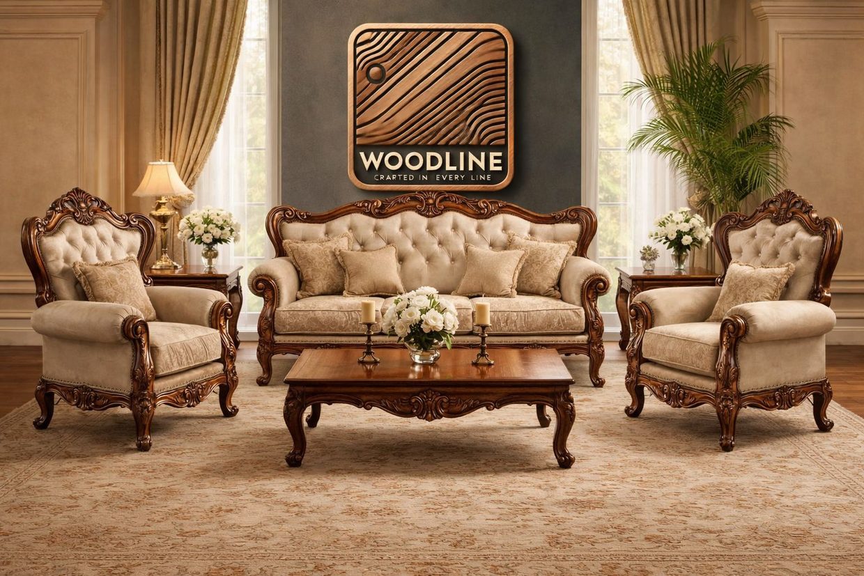 Carved hardwood-frame sofa and armchair set with upholstered cushions